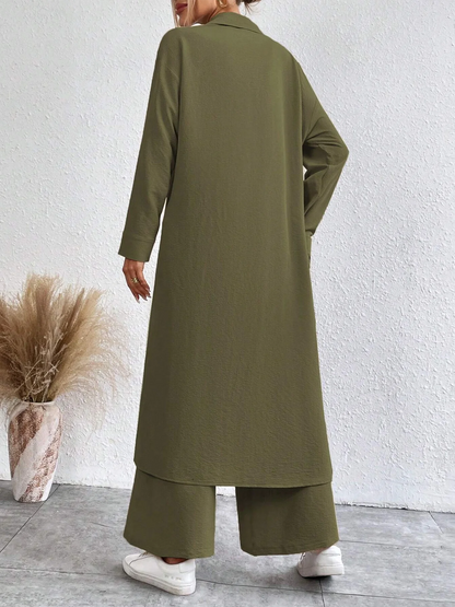 French Style Casual Long Sleeve Loose Fit Lapel Collar and Wide Leg Pants