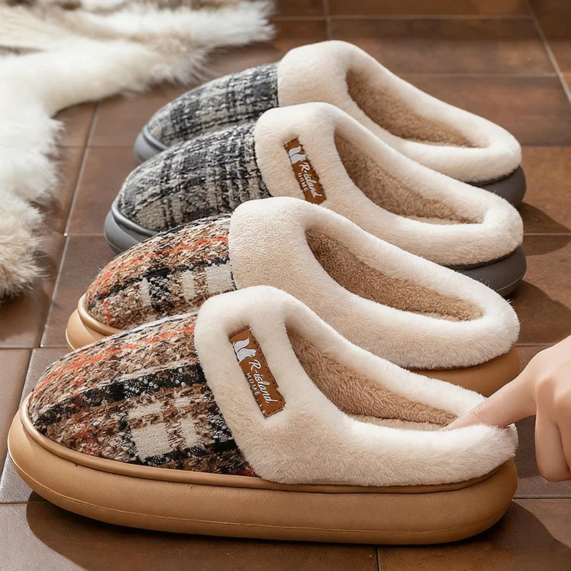 Winter Warm Fur Stripe Non Slip Comfort Flat Heel Slippers
