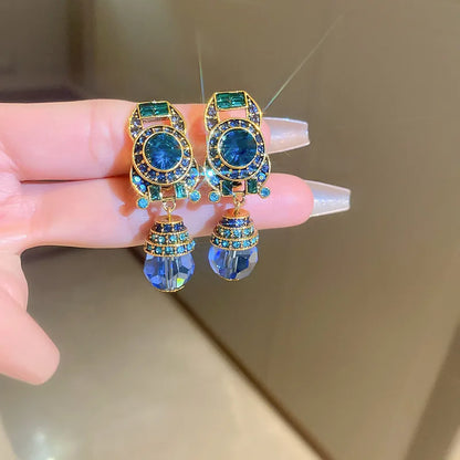Vintage Blue Water Drop Crystal Clips Earrings