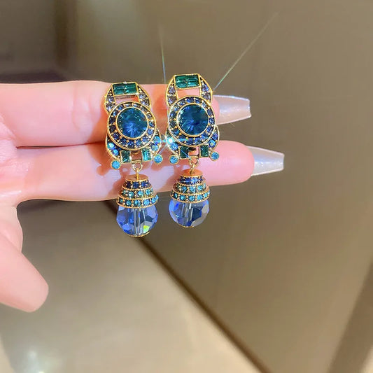 Vintage Blue Water Drop Crystal Clips Earrings