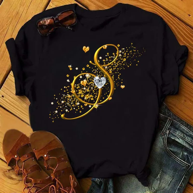 Custom Name Letter Diamond Gold Letter T-shirt