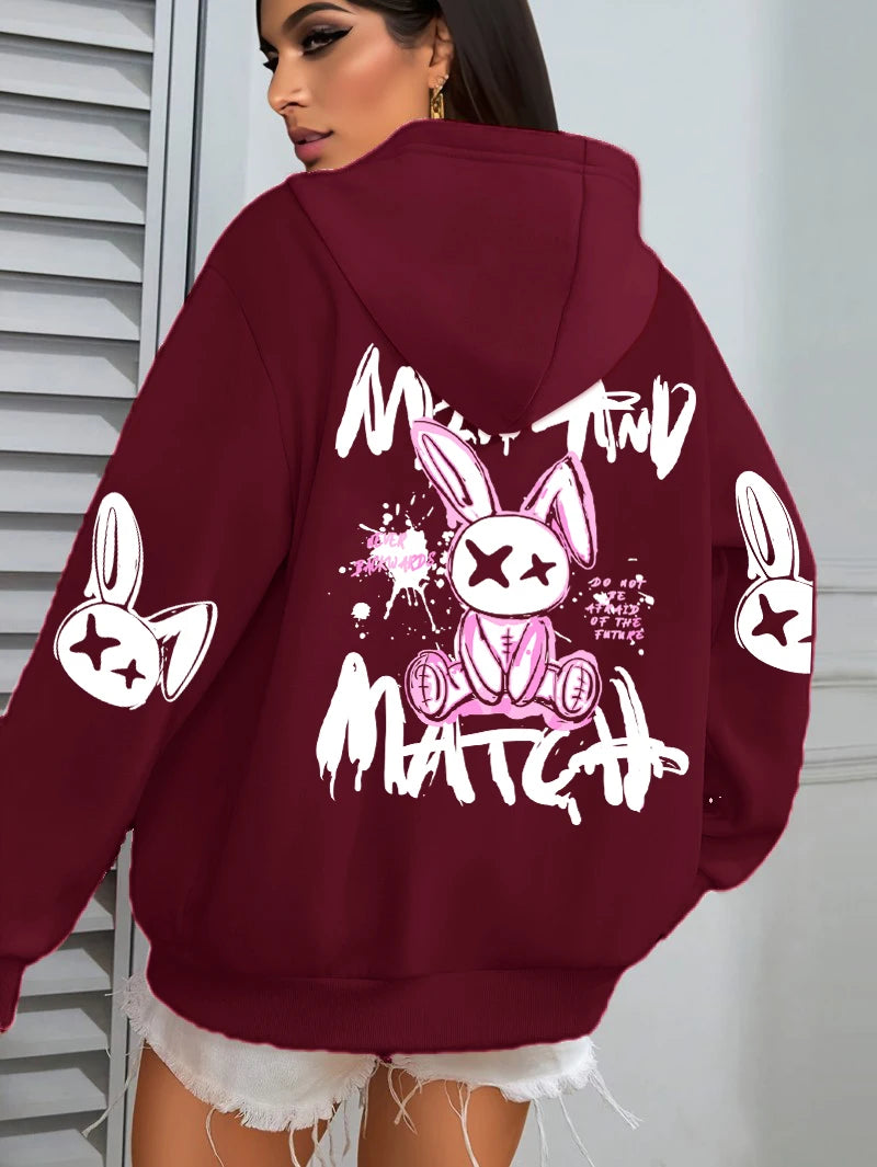 Mix And Match Cartoon Rabbit Prints Hoodie Pocket Streetwear