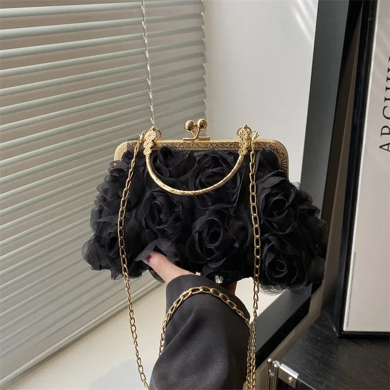 Luxury Chain Shoulder Chiffon 3D Flower Banquet Bag