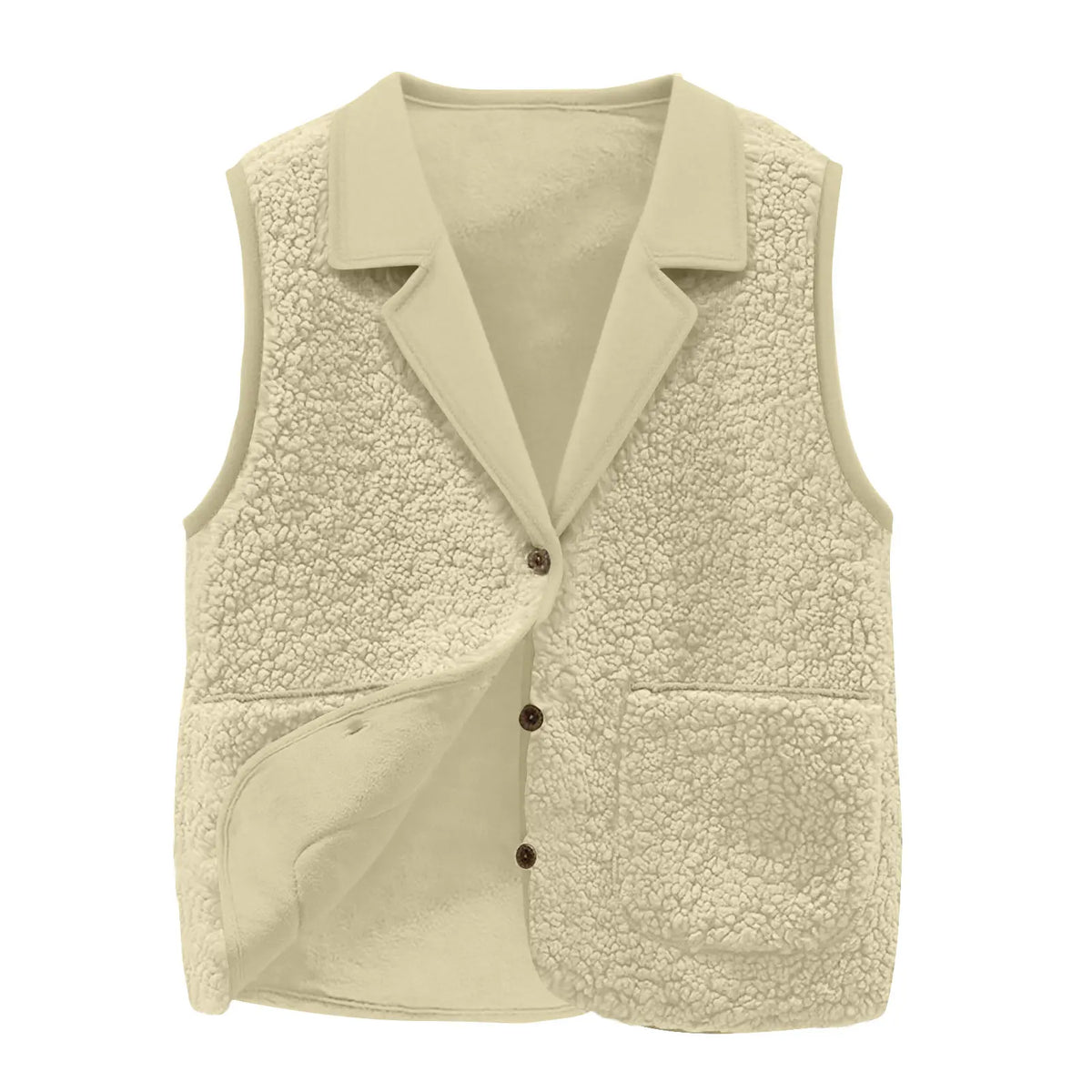 Sherpa Lapel Collar Button-Front Pockets Warm Sleeveless Jacket Coat Vest
