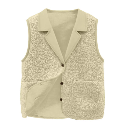Sherpa Lapel Collar Button-Front Pockets Warm Sleeveless Jacket Coat Vest