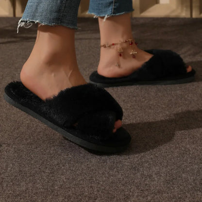 DANA Cross Strap Fur Slippers