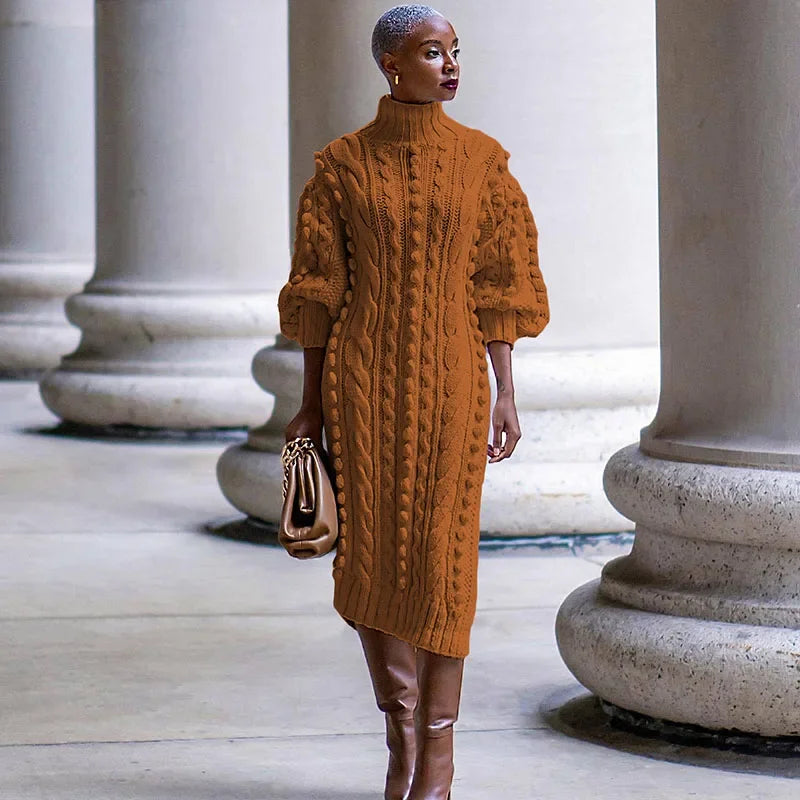 Long Sleeve Ribbed Knitted Stretchy Midi Dresses