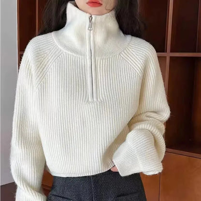 Half Zipper Collar Soft Knitted Long Sleeve Short Jumper Korean Sweater Pullovers