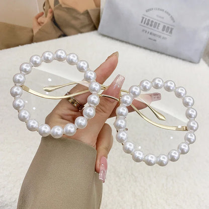 Luxury Pearl Metal Frame Round Sun glasses