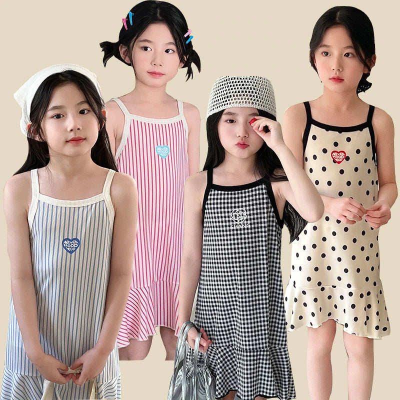 Girls Cotton Flower Dot Plaid Dress