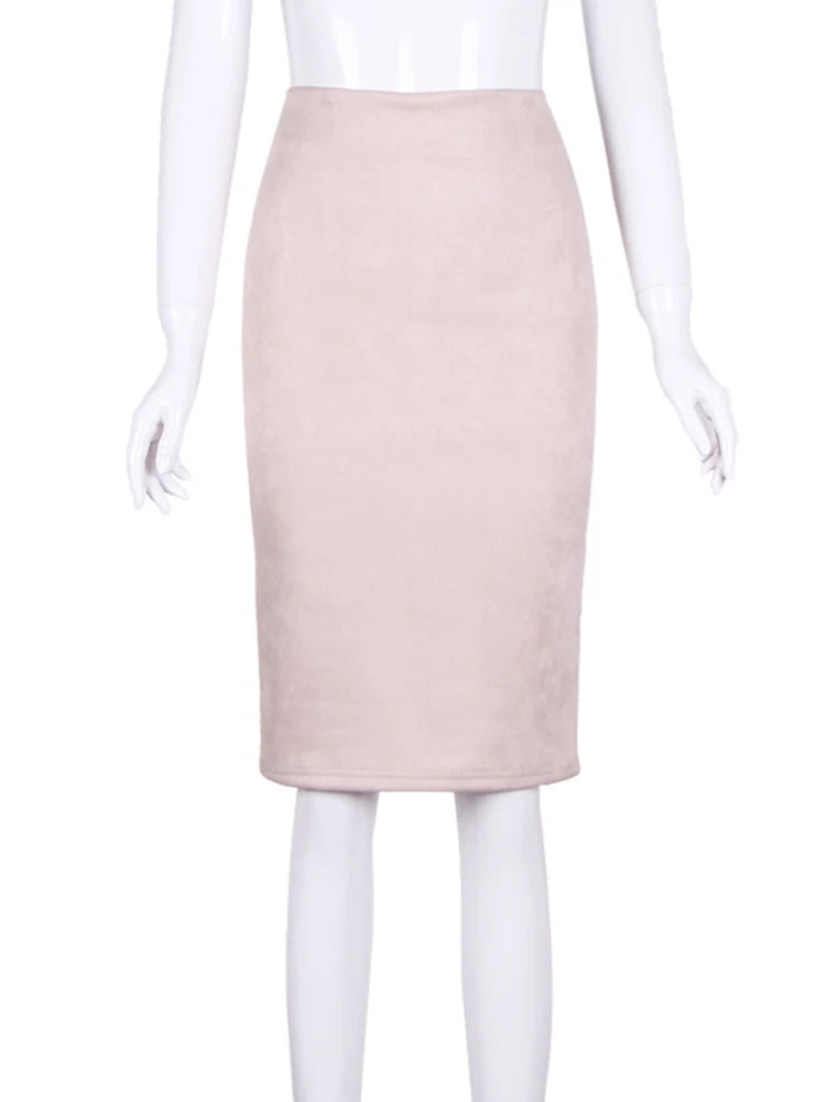 Suede Pencil High Waist Bodycon Vintage Suede Split Thick Stretchy Skirts