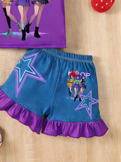 K-POP Anime Print Outfit Short Sleeve T-Shirt  Set