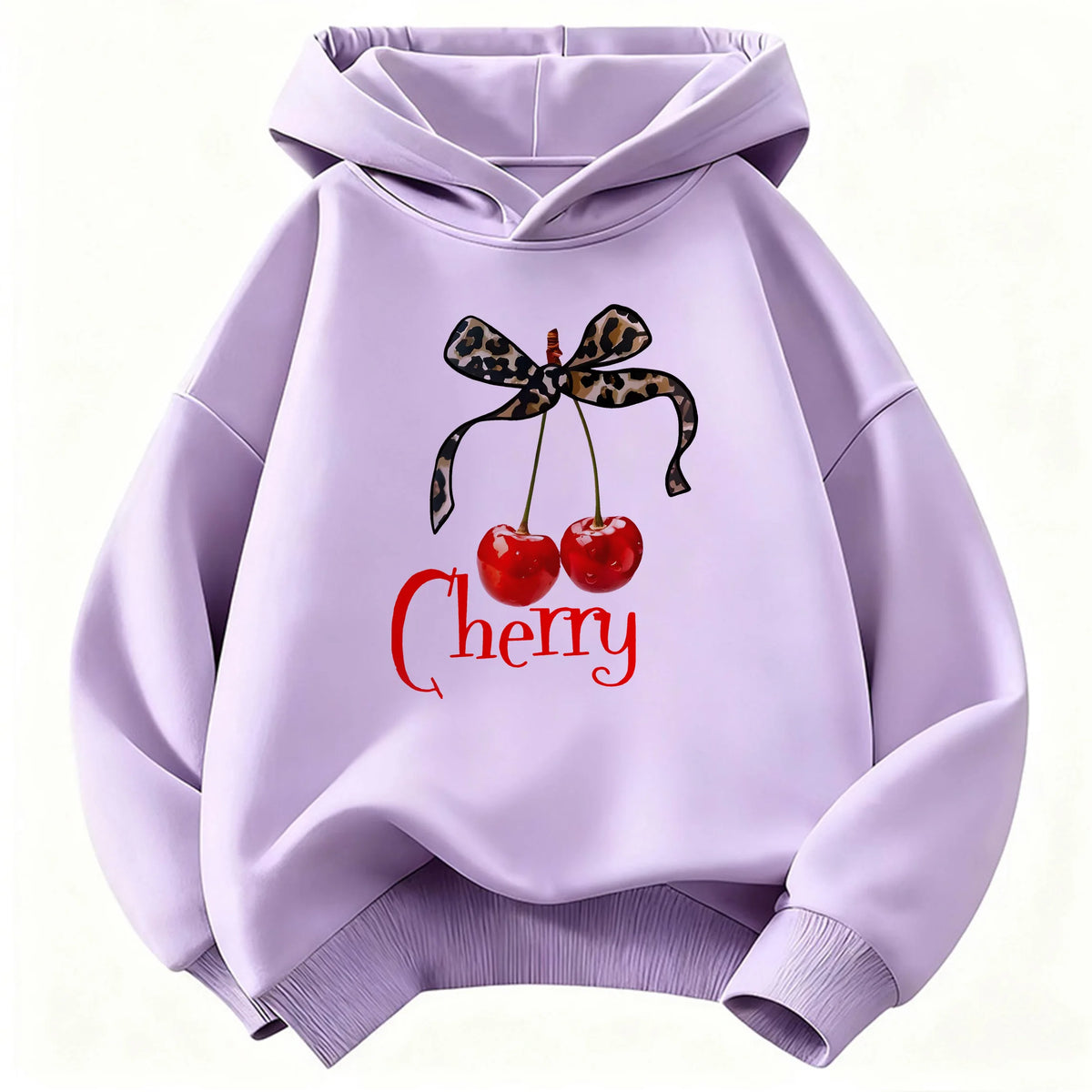 Leopard Bow with Cherry Print Hoodie Sweatshirt Y2k Hoody