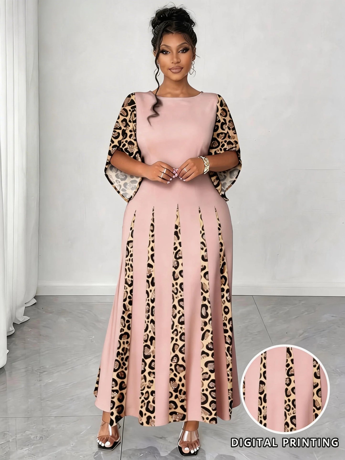 Elegant Leopard Maxi Long Sleeve Gown Dress