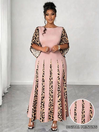 Elegant Leopard Maxi Long Sleeve Gown Dress