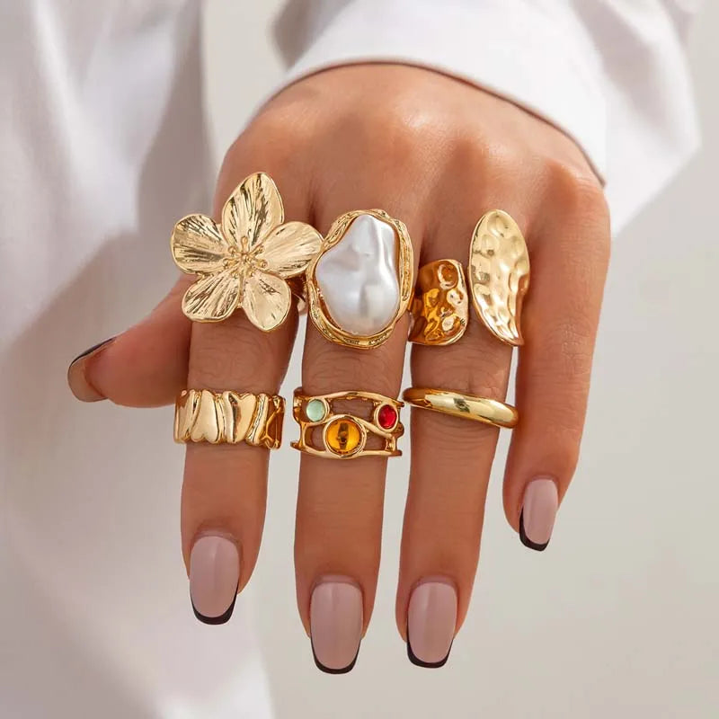 6Pcs/Set Gold Color Imitation Pearl Open Ring