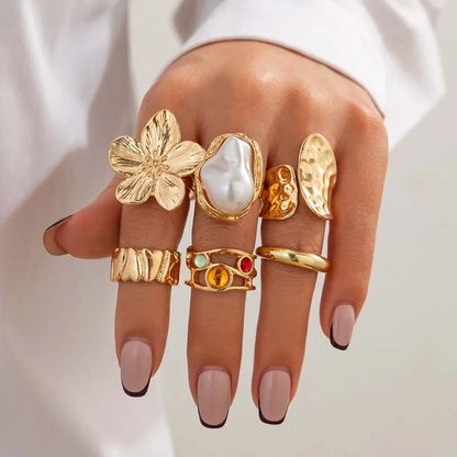 6Pcs/Set Gold Color Imitation Pearl Open Ring
