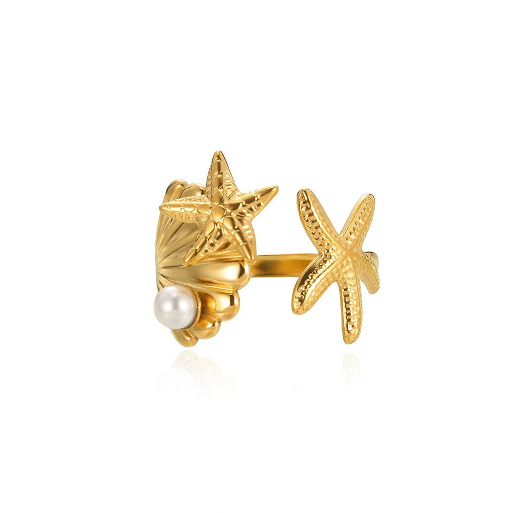 Stainless Steel Starfish Open Rings Gold Geometric Adjustable Ring