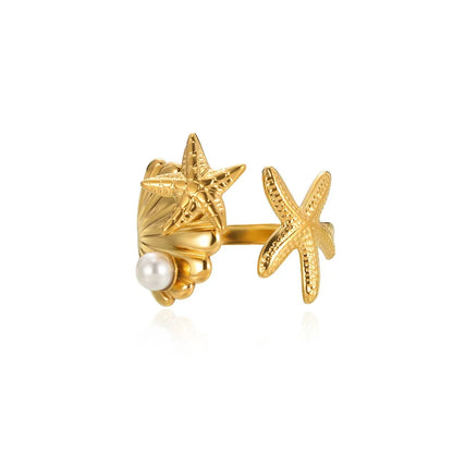 Stainless Steel Starfish Open Rings Gold Geometric Adjustable Ring