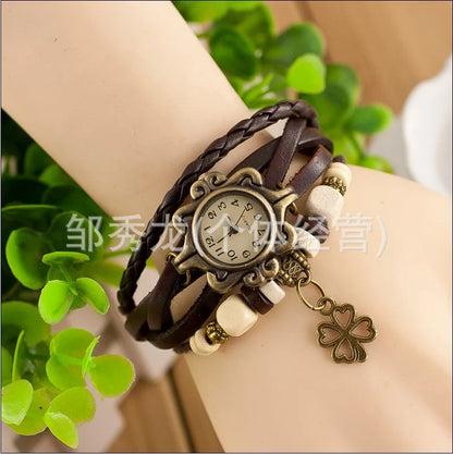 Vintage Leather Bracelet Butterfly Clover Pendant Quartz Watch