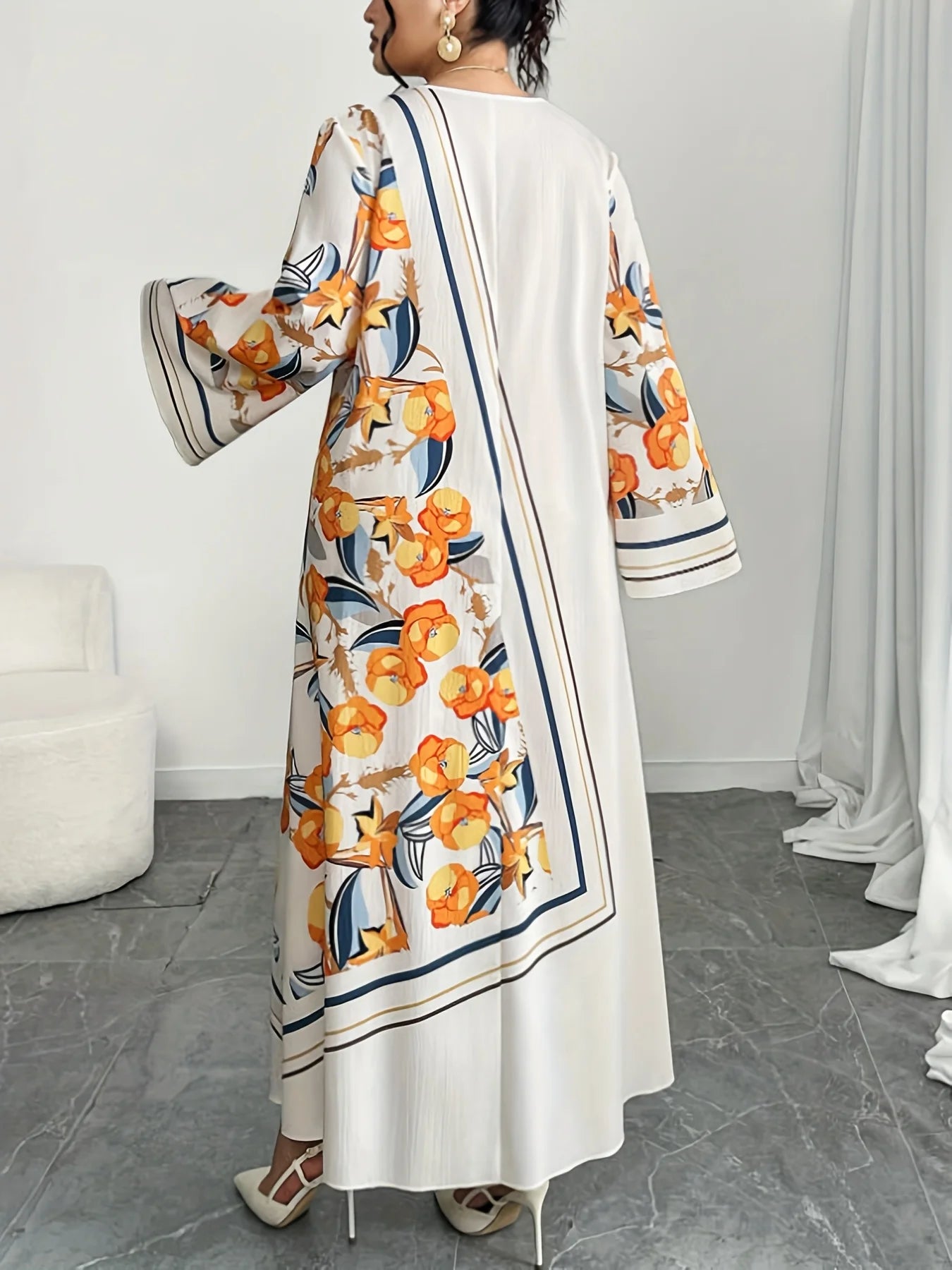 Plus Size Middle East  Ethnic Print Loose Long Sleeve V-Neck Robe Dress