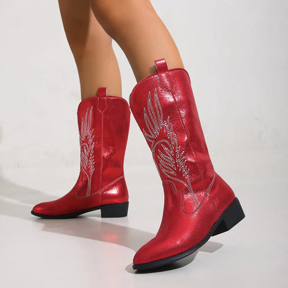 Gold Mid-calf Silver Western Cowboy Plus Size 36-43 Boots