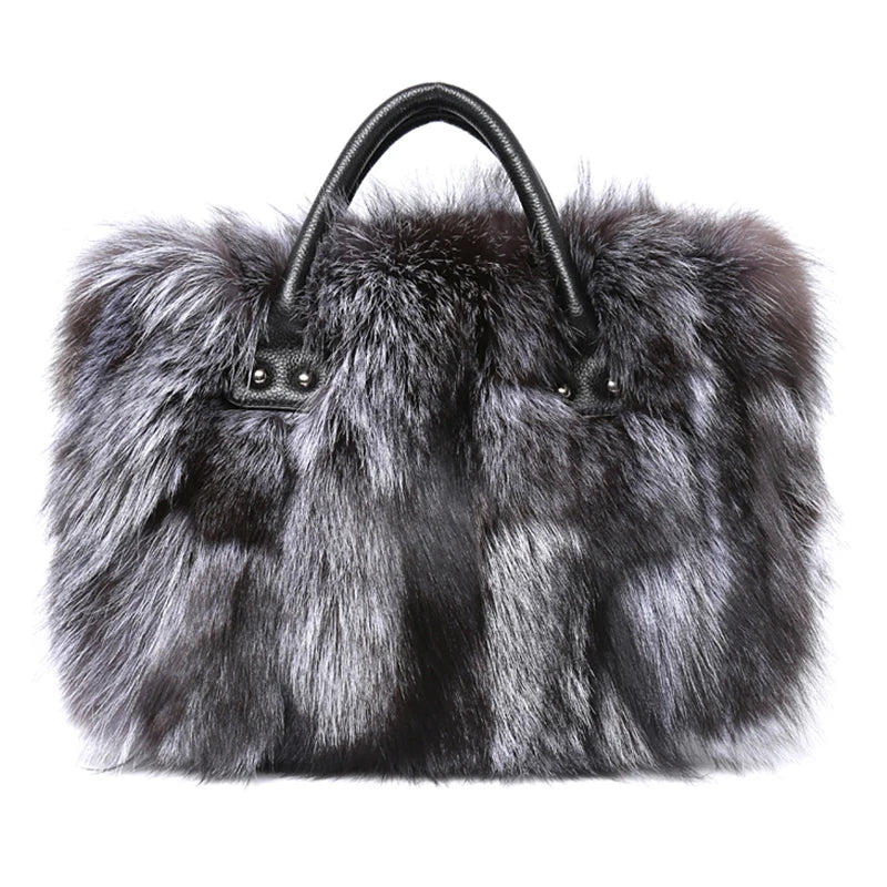 Real Fox Fur Large Size Plush Crossbody Luxury Handbags Fluffy Tote Bag
