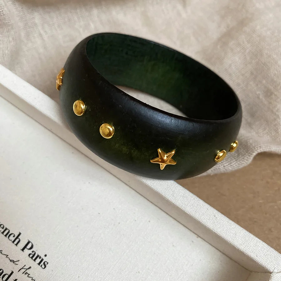 Natural Wooden Square Round Hip Hop  Rivet Beads Wide Bangles Bracelet