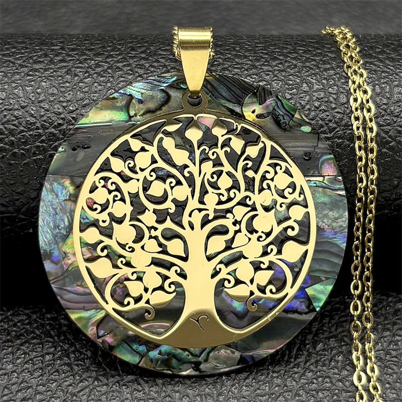 Tree of Life Stainless Steel Abalone Shell Natural Necklace