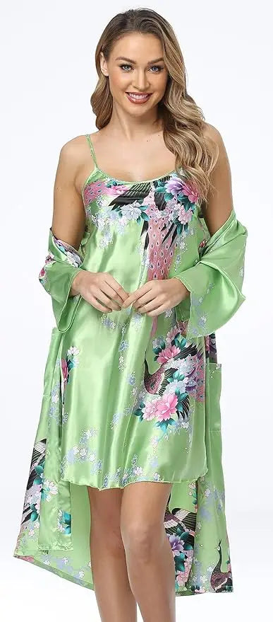 Floral Satin Kimono Robe and Nightgown Bathrobe Set