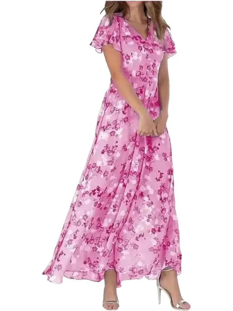 Elegant Flower Long Ruffle Short Sleeve Boho Style High Waist Dress