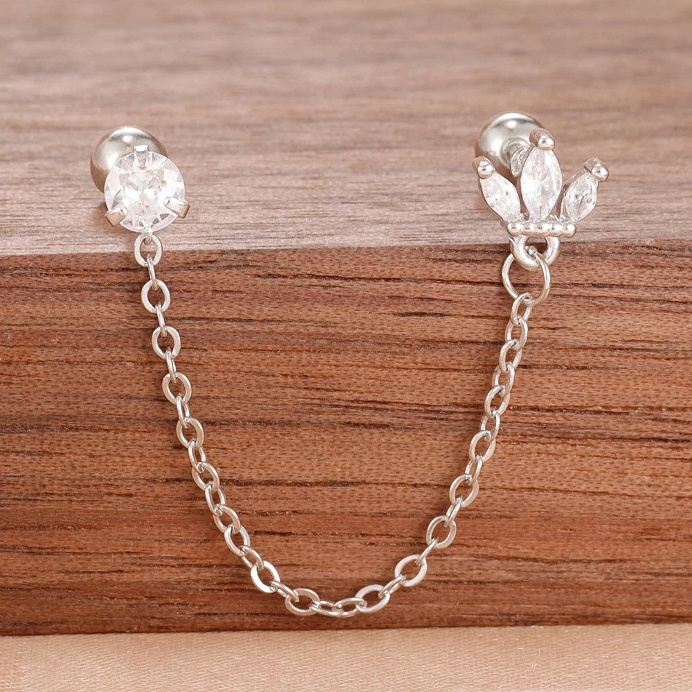 Stainless Steel Gold Color Chain Dangle Drop Zirconia Earrings