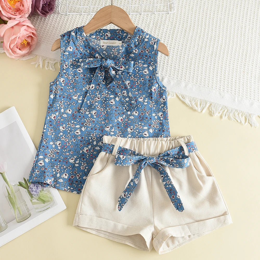 Bear Leader Floral Cartoon Ruffle Sleeve Casual Outfits Set