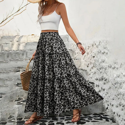 High Waist Floral Print  Maxi Skirt Long Ruffle Boho Skirt