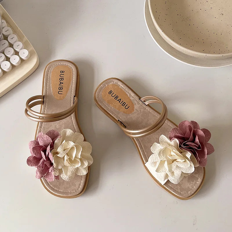 Double Flower Lightweight Flat Bottom Cool Slippers
