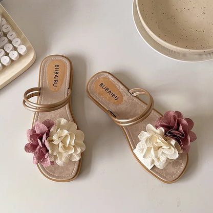 Double Flower Lightweight Flat Bottom Cool Slippers