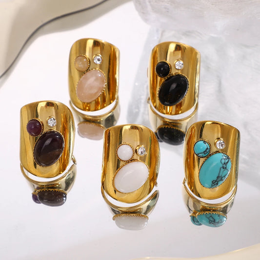 Retro Wide Stainless Steel Vintage Boho Natural Stones Zircon Rings