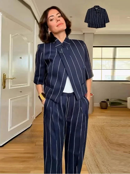 Daily Striped Short Sleeve Blazers Coat Chic Straight Long Pants Set
