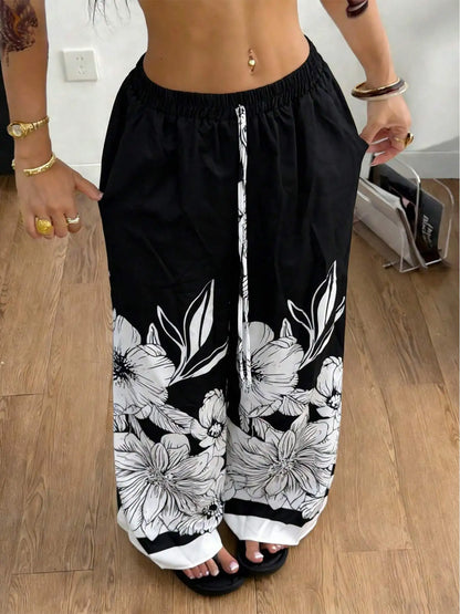 Large-Sized Printed Casual Tie Waist Wide-Leg Pants