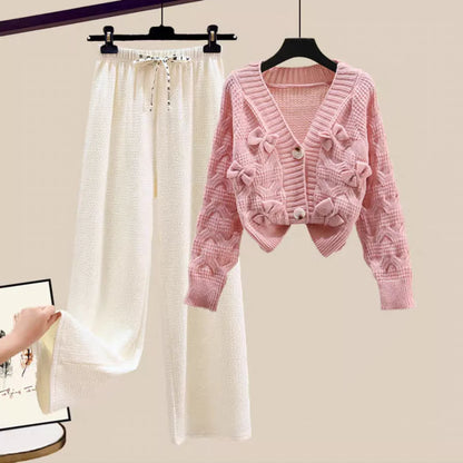 Korean Sweet Bow Outfit Long Sleeve Cardigan Knitwear Wide Leg Pants Set