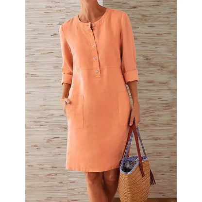 Casual Long Sleeve Cotton And Linen Tunic Dress