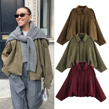 Bomber Suede Texture Turn-down Collar Long Sleeve Loose Vintage Jackets