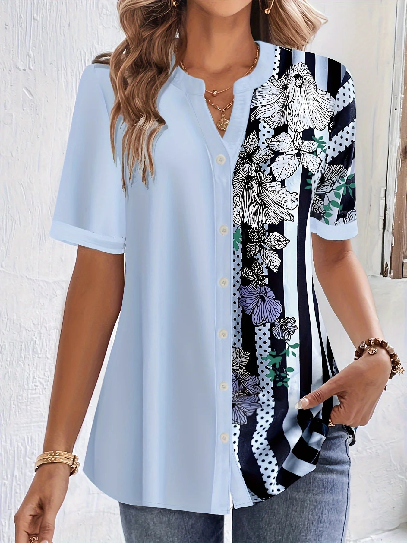 Casual Round Collar Half Sleeve Blouse
