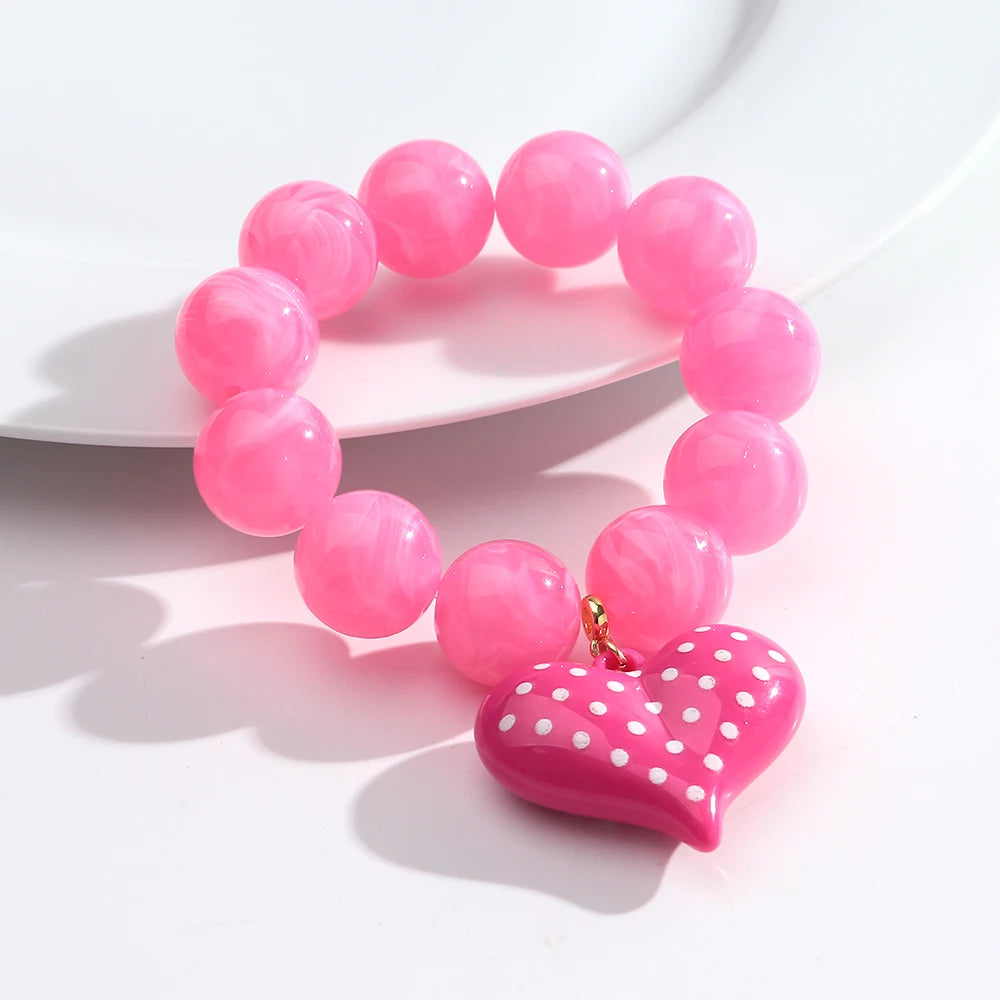 Boho Colorful Round Beads Heart Pendant Elastic Bracelets
