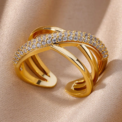 Chain Hollow Out Gold Stainless Steel Zircon Cross Ring