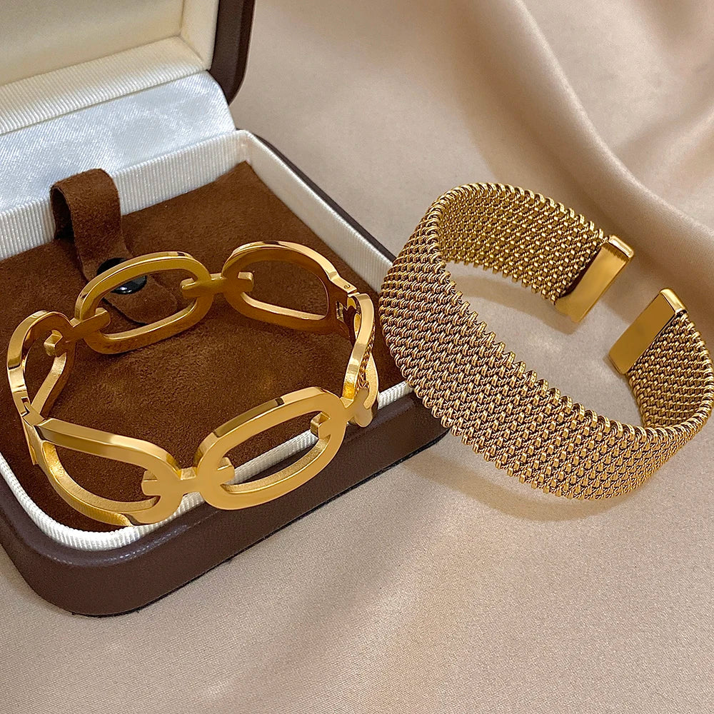 Vintage Y2K Stainless Steel Wide Weave Open Cuff Bangle Bracelet