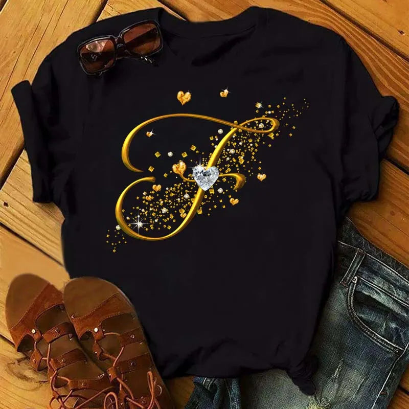 Custom Letter Combination Diamond Gold Letter T-shirt