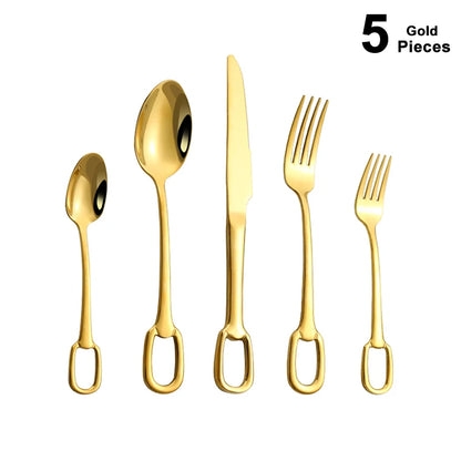 5Pcs Luxury Tableware Stainless Steel Knife Fork Spoon Cutlery Set