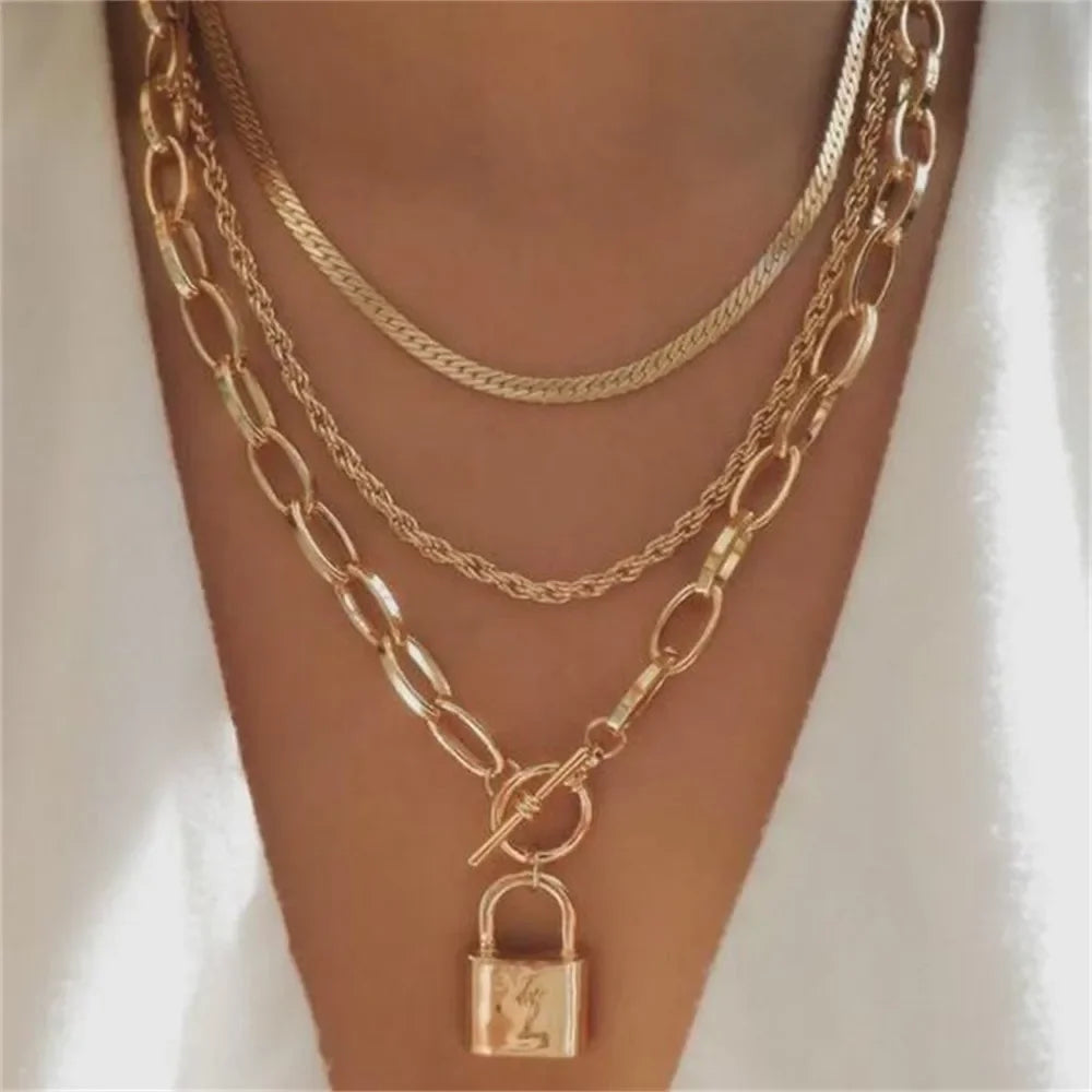 Vintage Punk Gold-plate Thick Chain Head Portrait Coin Pendant Necklace