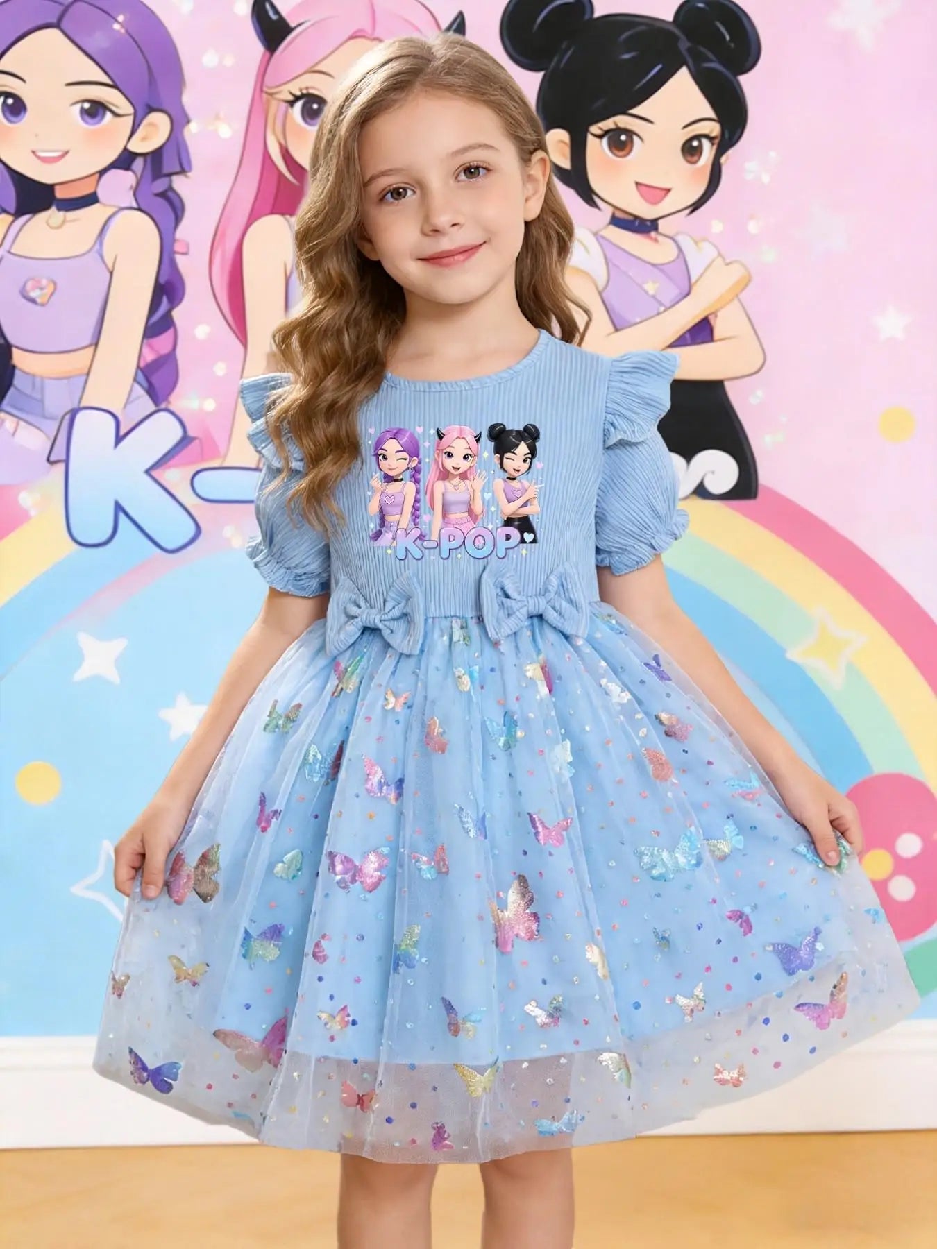 Elegant Cartoon Butterfly Print Slim-Fitting Summer Princess Dress
